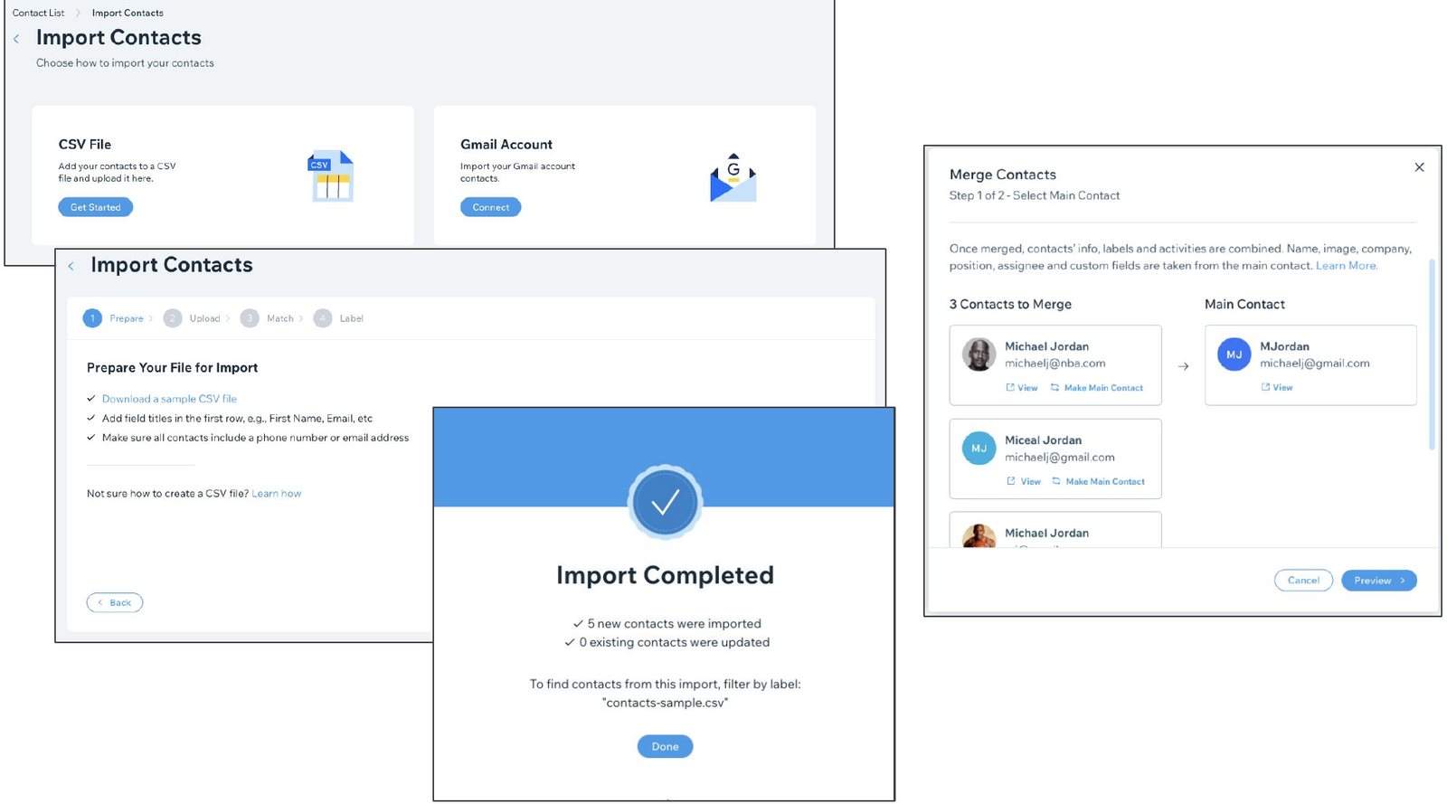 Importing contacts from a CSV file or Gmail, the import summary, and merging duplicate contacts.