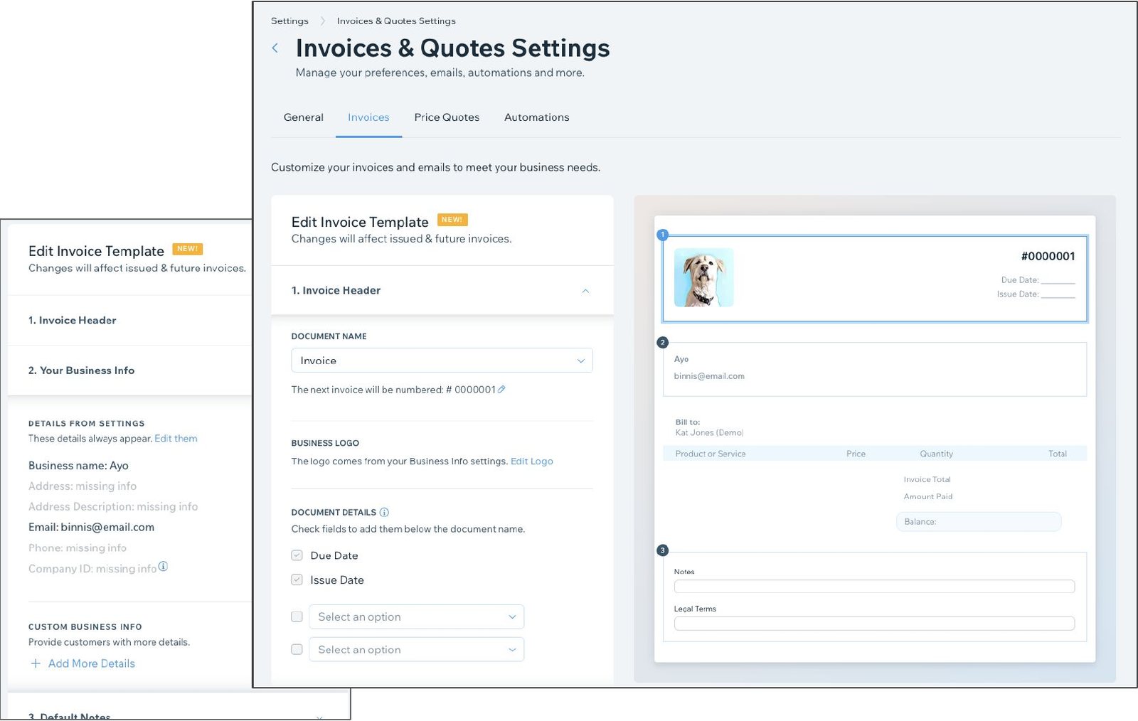 Invoices and quotes settings, with the invoice template editor.