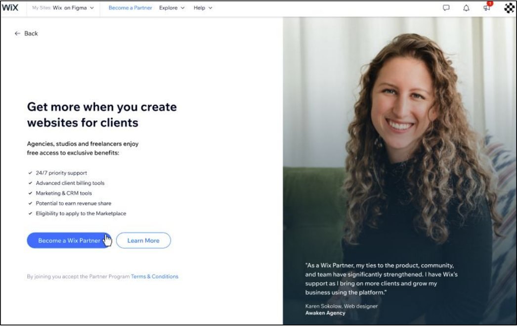 The new sign-up: Get more when you create websites for clients, a short list of benefits, and a Become a Wix Partner button.