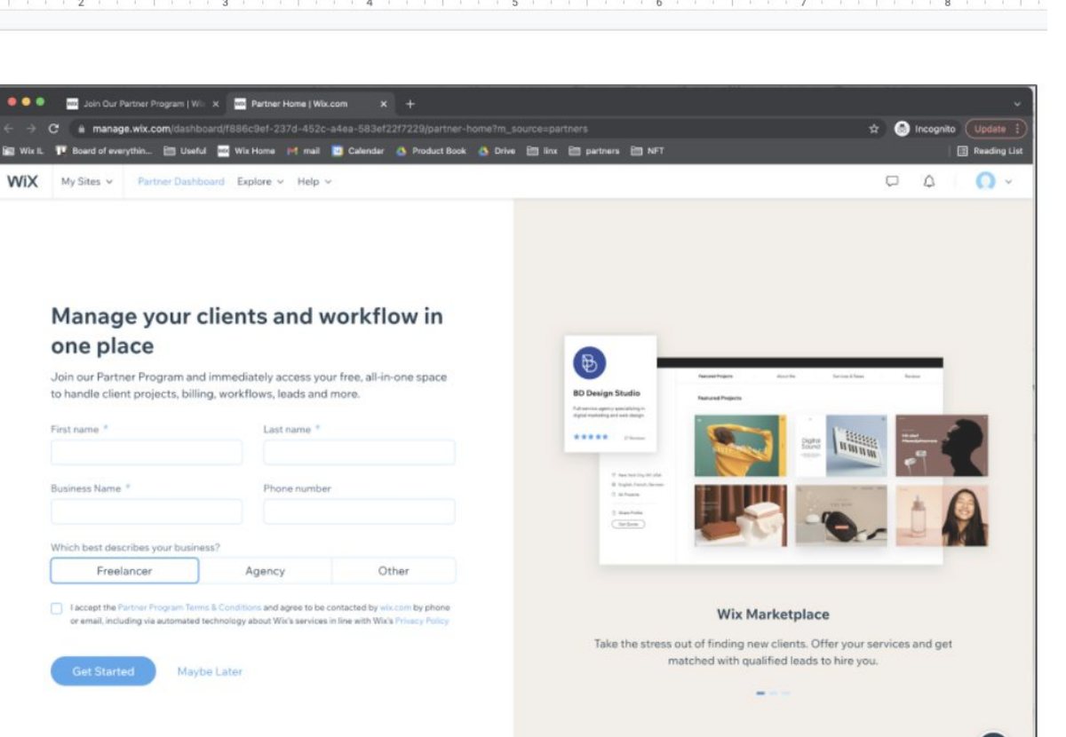 The old sign-up: Manage your clients and workflow in one place, with a long form and a Get Started button.